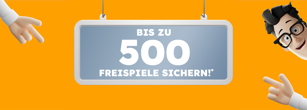 erwin zeigt vom Rand der Grafik auf ein Schild mit dem Text: Sicher dir bis zu 100 Freispiele!