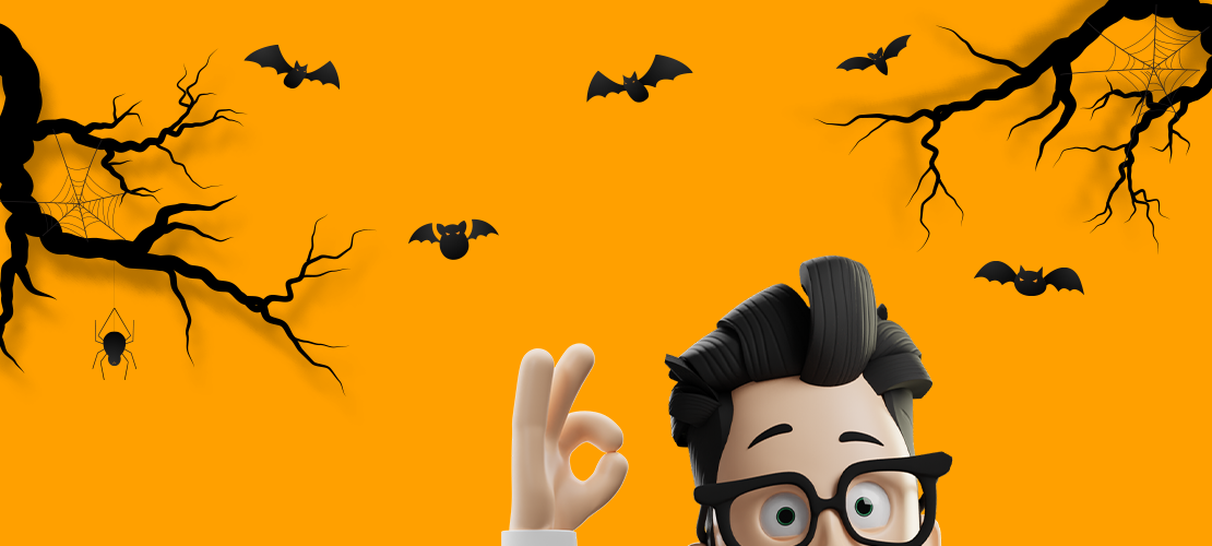 Halloween-Erwin umgeben von Fledermäusen unc Spinnen