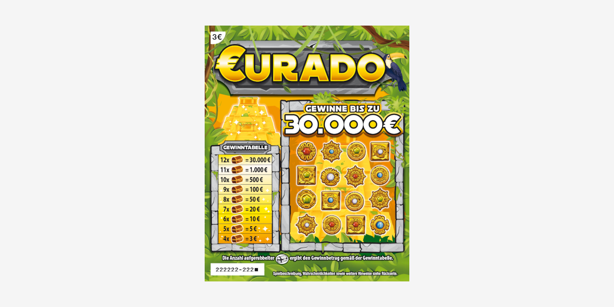 Rubbellose Eurado. Lospreis 3 €. Gewinne bis zu 30.000 €. Chance 1 zu 225.000.