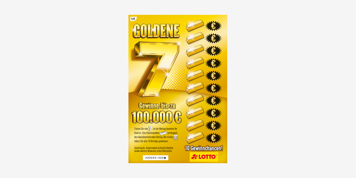 Rubbellos Goldene 7. Gewinne bis zu 100.000 €. Chance auf den Spitzengewinn 1 zu 1.200.000.