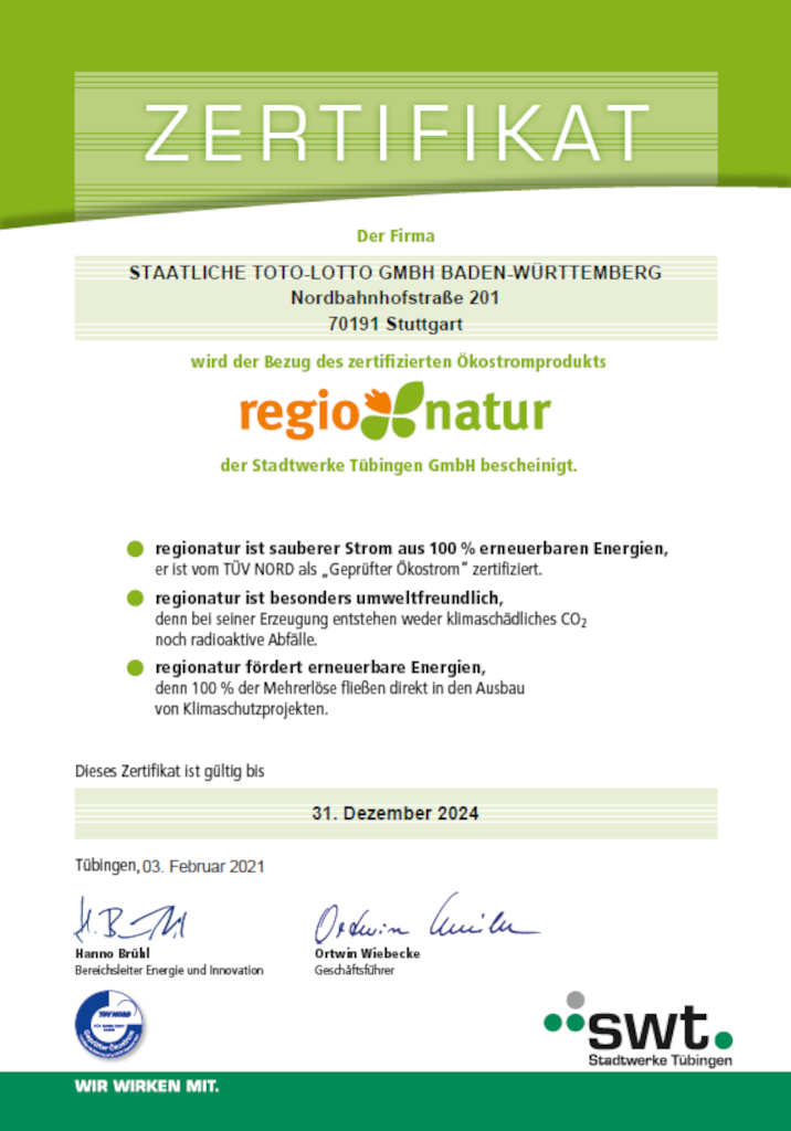 Zertifikat RegioNatur - Staatliche Toto-Lotto GmbH 2021-2024