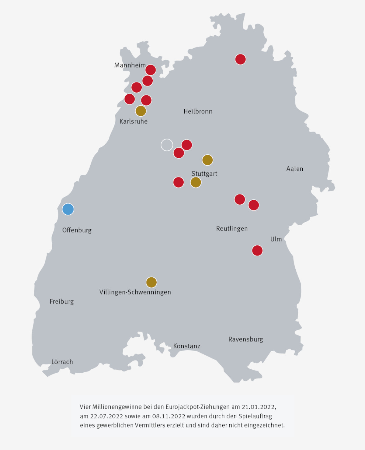 Markierte Millionengewinne auf Baden-Württemberg Karte für das Jahr 2022 (Stand: November 2022)
