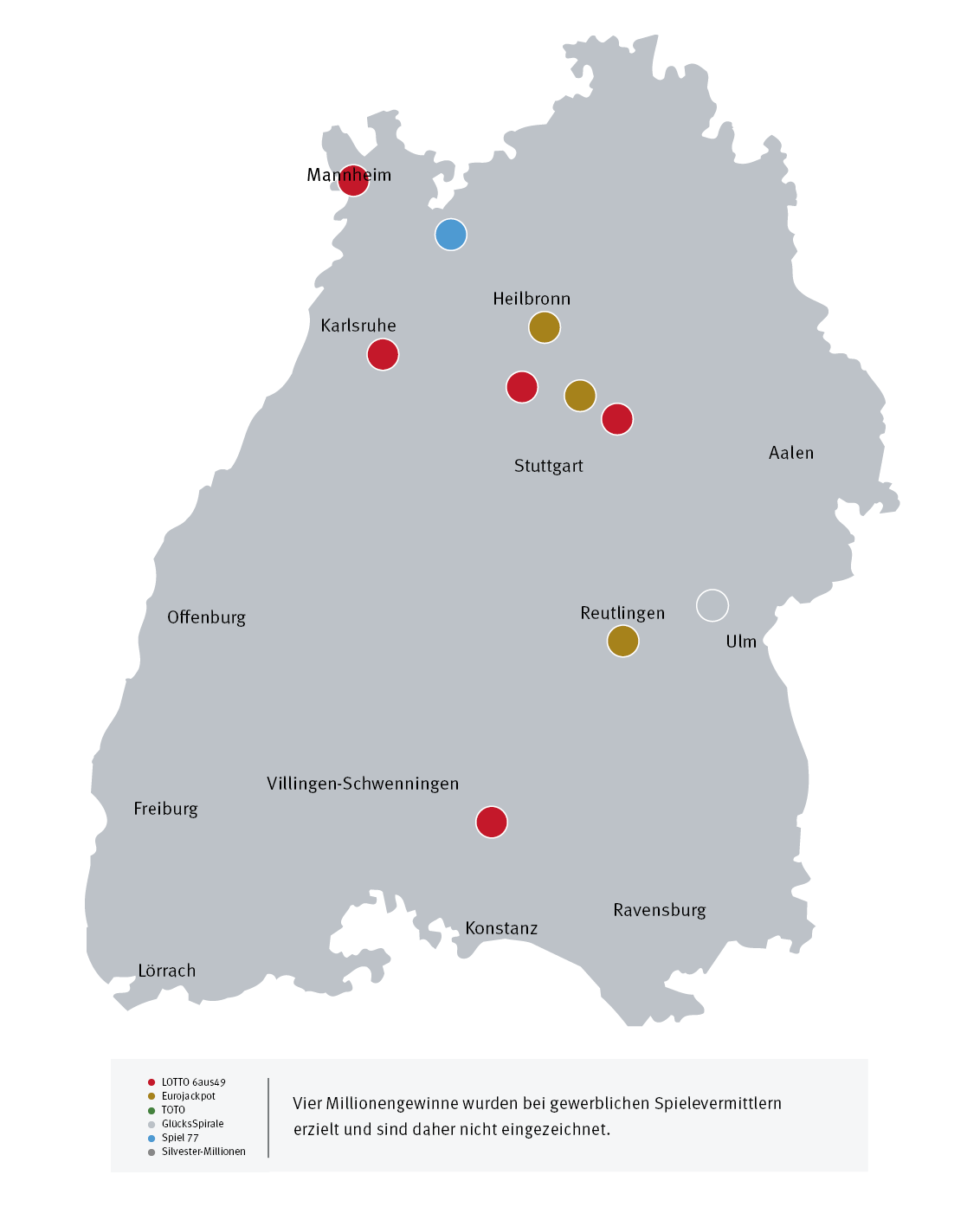 Millionengewinne in Baden-Württemberg 2024 - Landkarte