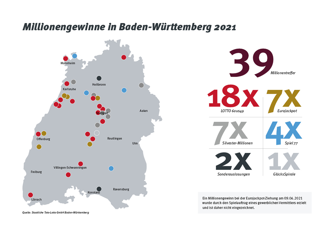 Landkarte des Glücks: Millionengewinne 2021 Baden-Württemberg