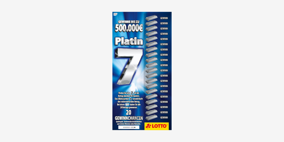 Rubbellos Platin 7. Gewinne bis zu 500.000 €. Chance auf den Spitzengewinn 1 zu 2.000.000.