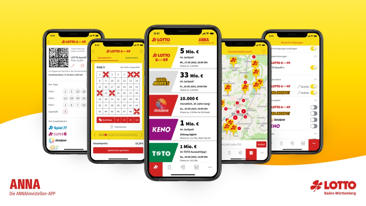 Fünf Smartphones mit der ANNA App von Lotto BW, zeigt Spielschein, Gewinnzahlen und Annahmestellensuche.