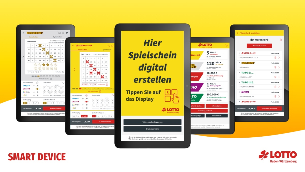 Fünf Smart Devices mit digitaler Spielscheinerstellung von Lotto BW.