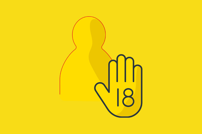 Grafik rotes Männchen mit schwarzer Hand im Vordergrund, auf der die Zahl 18 steht. Gelber Hintergrund.
