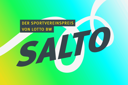 Salto Sportvereinspreis von Lotto BW. Schwarzes Salto Logo mit Farbverlauf-Hintergrund und weißem Band im Hintergrund.